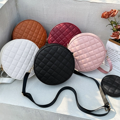 Bolso Bandolera Redondo Rombo Acolchado Cuero PU Con Bolsa Pequeña Correa Ancha De Tela Bolso De Hombro De Moda Mujer