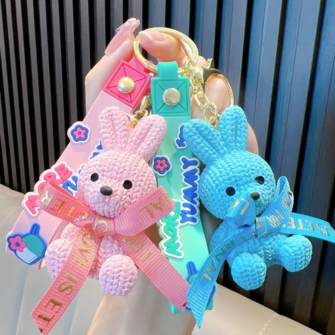Süß Cartoon Harz Sitzender Hase Schlüsselanhänger Strickstruktur Tier Anhänger Bandschleife Brief Gurt Schlüsselring Tasche Deko Paar Geschenk