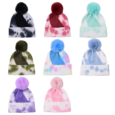 Bonnet En Tricot Tie Dye Pompon En Fausse Fourrure Chaud Hiver Bord Roulé Extérieur Décontracté Tendance Pour Hommes Femmes