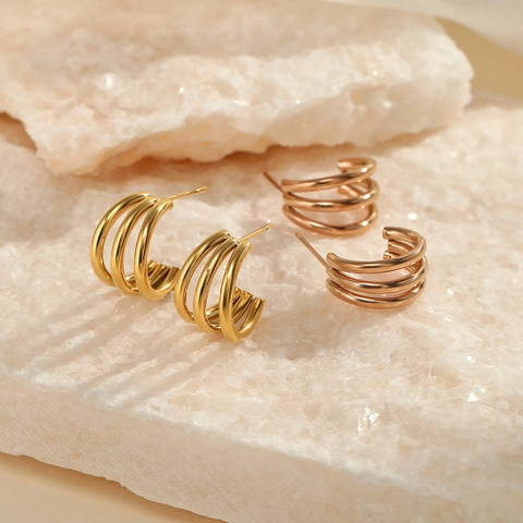 Pendientes De Botón De Acero Inoxidable En Forma De C Capas Múltiples Chapados En Oro Joyería Geométrica Estilo Minimalista Para Mujer