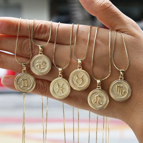 12 Zodiac Sign Round Disc Coin Pendant Necklace For Women 18K Gold Plated Brass Constellation Jewelry With Box Chain