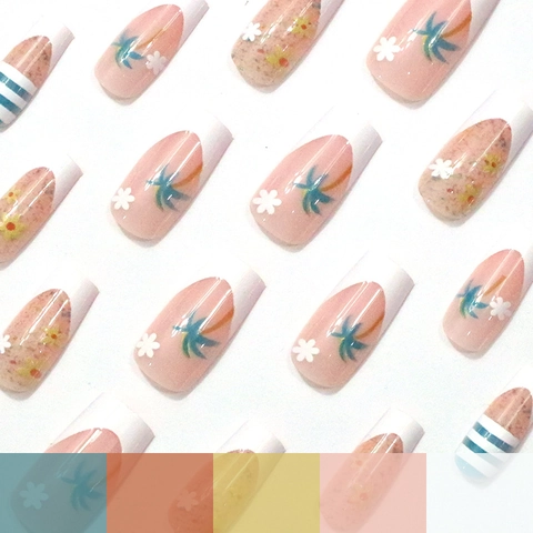 French Press On Nails ABS Summer Flower Palm Tree Medium Square Artificial False Fingernails For Women Elegant