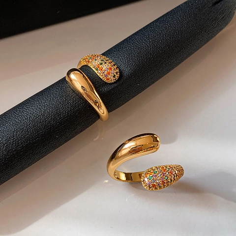 Water Drop Open Ring Gold Plated Brass Multi Color Zircon Adjustable Niche Fashion Jewelry For Women