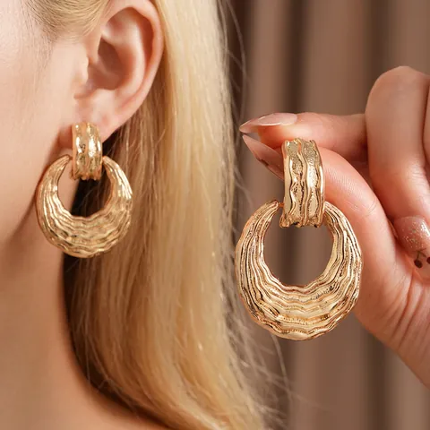 Pendientes Colgantes Redondos Texturizados Aleación Chapada En Oro Poste De Plata De Ley 925 Joyería Chic Para Mujer