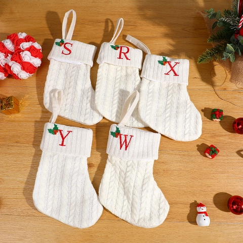 White Knitted Christmas Stocking With Red Embroidered Letter Holly Berries Decor For Xmas Holiday Tree Ornament Gift Bag