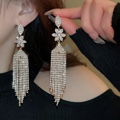 Pendientes Largos De Borla Con Cristales Y Diseño De Flores Con Poste De Plata De Ley 925 Joyería De Lujo Para Mujer Boda Fiesta