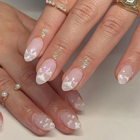 Ovale Aurora Wolke Press On Nägel Pink Lila Verlauf Irisierende Sternenmuster Süße Ins Stil Künstliche Fingernägel