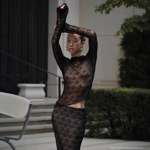 Donna Sexy Pizzo Trasparente Mesh Collo Alto Maniche Lunghe Top E Gonna Maxi Elegante Vacanze Clubwear