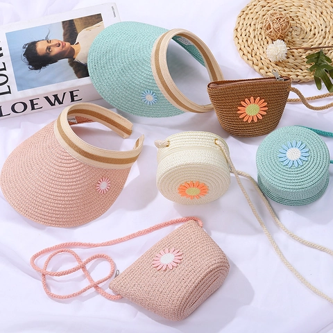 Kids Straw Sun Visor Hat And Daisy Crossbody Bag Woven Paper Breathable Summer Beach Vacation Accessories For Girls