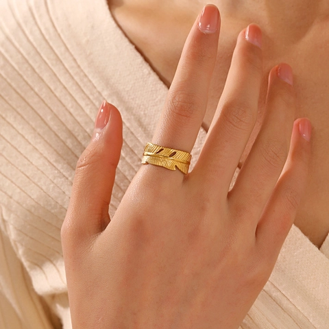 Feder Blatt Ring Edelstahl Verstellbar Offen Retro Boho Stil Gold Vergoldet Modeschmuck Für Damen
