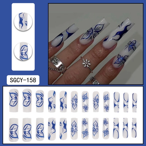 Faux Ongles Longs Coffin Motif Papillon Bleu Et Flamme Paillettes Fines Base Blanche Ongles Artificiels