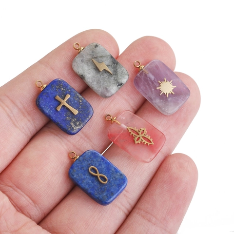 Natural Stone Stainless Steel Pendants 18K Gold Plated Inlaid Sun Cross Lightning DIY Necklace Charm Accessories