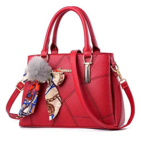Women Fashion PU Leather Handbag With Satin Scarf Faux Fur Ball Geometric Stitching Top Handle Shoulder Crossbody Bag