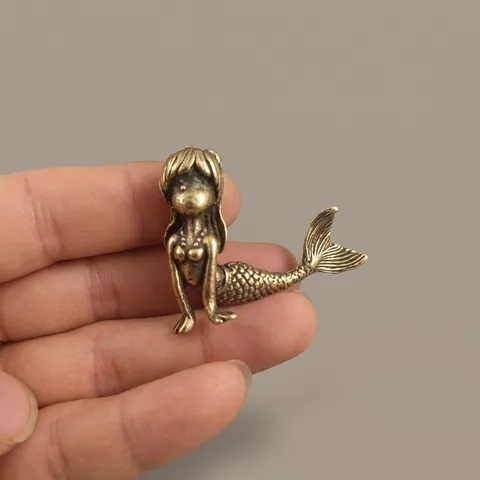 Vintage Mermaid Figurines Miniature Alloy Copper Plated Retro Desktop Ornaments Home Decor Sculpture