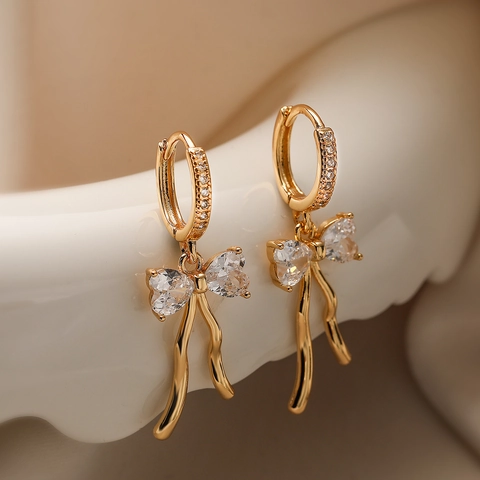 Ohrringe Mit Schleife Und Ginkgoblatt Kupfer Mit Zirkonia Gold Silber Plattiert Hoop Drop Süßer Schmuck Für Damen