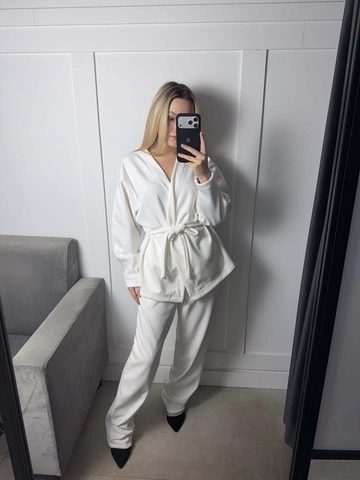 Damen Geripptes Strick Wickeloberteil Mit Langen Ärmeln Und Gürtel Sowie Weite Hose Loungewear Lässige Homewear Bequem Alltag