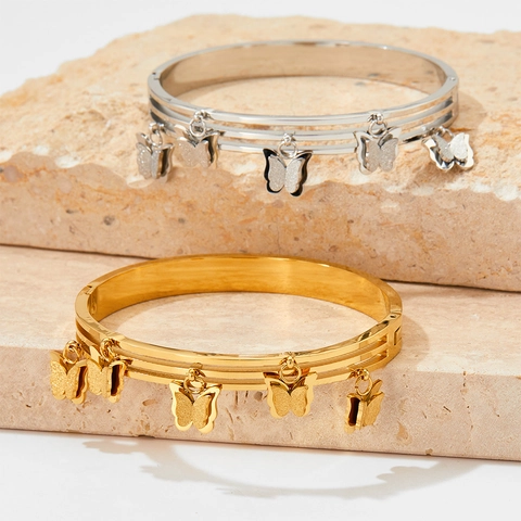 Bracciale Rigido A Triplo Strato In Acciaio Inossidabile Con Ciondoli A Farfalla Satinati Gioielli Eleganti Per Donna