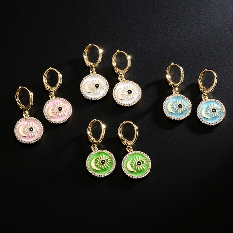 Boze Oog Maan Ronde Hanger Hoop Oorbellen Verguld Koper Emaille Zirkoon Celestiale Mystieke Sieraden Voor Vrouwen
