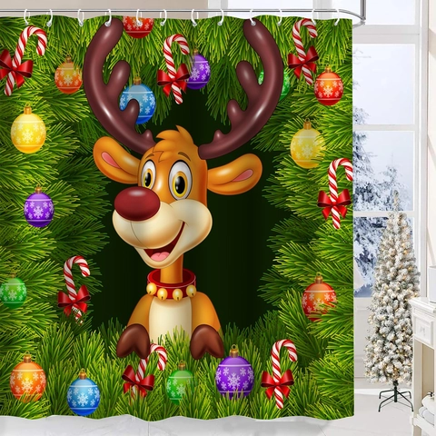 Christmas Reindeer Santa Claus Waterproof Polyester Shower Curtain And Non-Slip Bath Mat Bathroom Decoration Holiday Theme