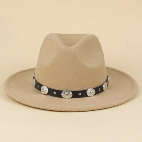 Wide Brim Fedora Hat Woolen Felt Western Cowboy Jazz Hat With Leather Band Silver Metal Rivets Vintage Punk Style