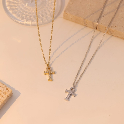 Stainless Steel Ankh Cross Pendant Necklace For Women Inlaid Rhinestone Gold Silver Plated Religious Fashion Jewelry Gift