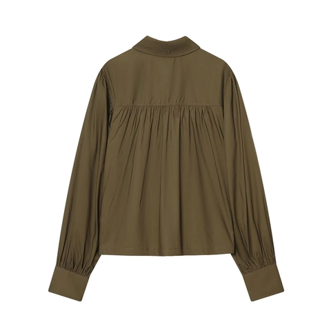 Blusa Mujer Camisa Plisada Mangas Abullonadas Color Sólido Poliéster Casual Moda Cuello Puntiagudo Tops