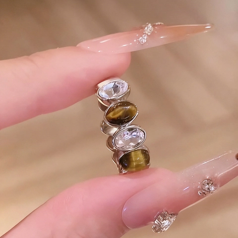 Tigerauge Und Zirkon Kupfer Bandring Für Damen Abwechselnd Ovale Steine Retro Einfach Täglich Accessoires