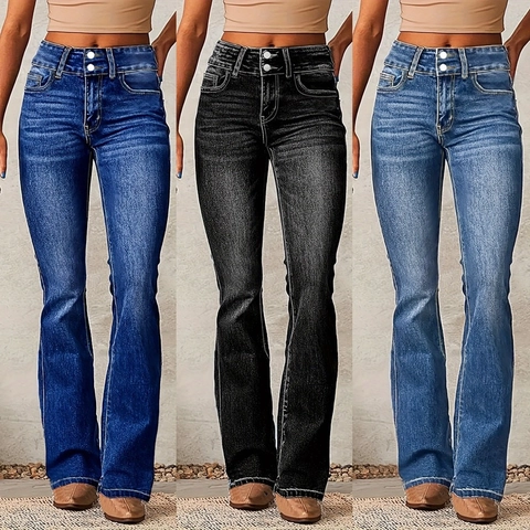 Vaqueros de Cintura Alta Micro-campana para Mujer Retro Lavado Elástico Denim Pantalones Doble Botón Streetwear Casual Largo