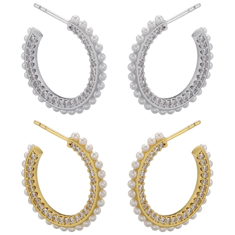 Orecchini a Cerchio in Rame a Forma di C da Donna Con Perla Artificiale e Strass Micro-incastonati Gioielli Eleganti