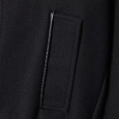 Dames Zwart Twill Wollen Look Jas Lange Mouw Rits Revers Casual Streetwear Mantel Met Lederen Patchwork Zakken
