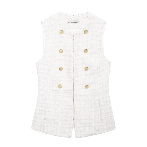 Damen Tweed Weste Doppelreihig Goldene Knöpfe Ärmellos Elegant Vintage Oberteil