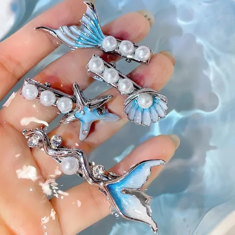 Pinza Para El Cabello Tema Océano Aleación Esmalte Cola De Pez Concha Estrella De Mar Con Perlas Artificiales Artificiales Clips Para Mujeres Niñas