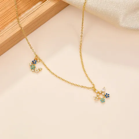 925 Sterling Silver Necklace Gold Plated Moon Star Pendant Blue White Zircon Minimalist Elegant Jewelry For Women