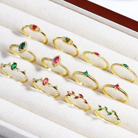Vintage Emerald Green Rose Red Gemstone Ring Brass Gold Plated Adjustable Open Fashion Jewelry For Women