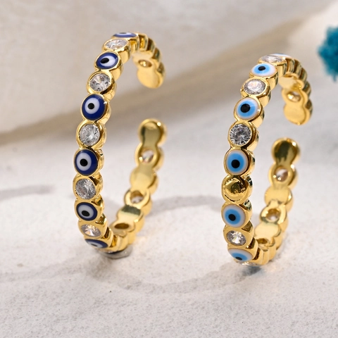 Bague Ouverte Réglable Œil Maléfique Cuivre Zircon Plaqué Or Émail Bijoux De Protection Pour Femmes Accessoire De Mode