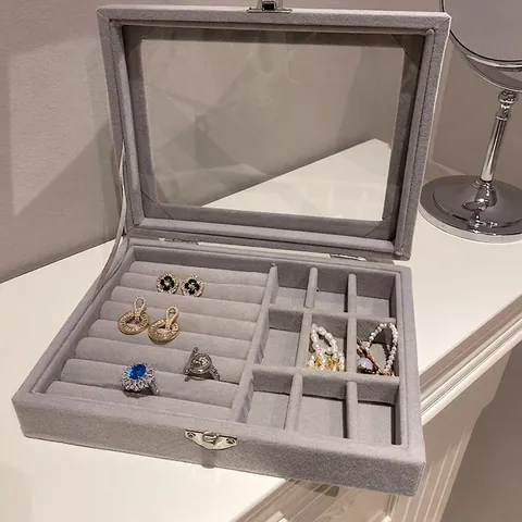 Gray Velvet Jewelry Box With Transparent Glass Lid And Metal Lock For Rings Earrings Organizer