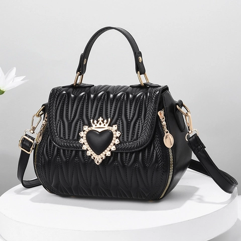 Women Handbags Elegant Quilted PU Leather Crossbody Bag With Heart Crown Lock Retro Top Handle Shoulder Bag For Daily Use