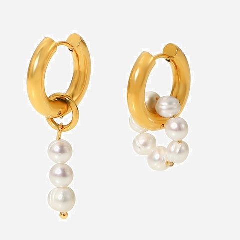 Pendientes De Aro Asimétricos De Acero Inoxidable Chapado En Oro Con Colgante De Perla De Agua Dulce Natural Para Mujer
