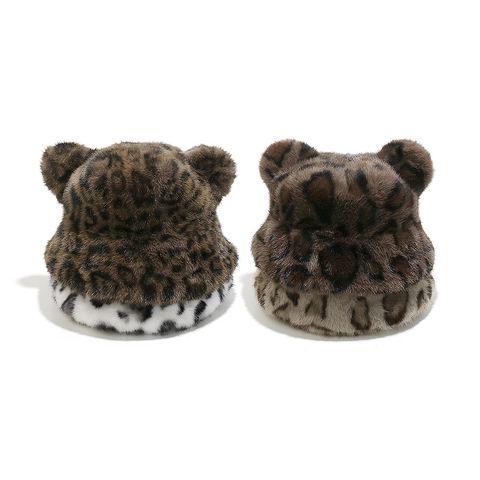 Cappello Alla Pescatora In Pelliccia Sintetica Leopardata Con Orecchie Da Orso Inverno Caldo Peluche Per Donna
