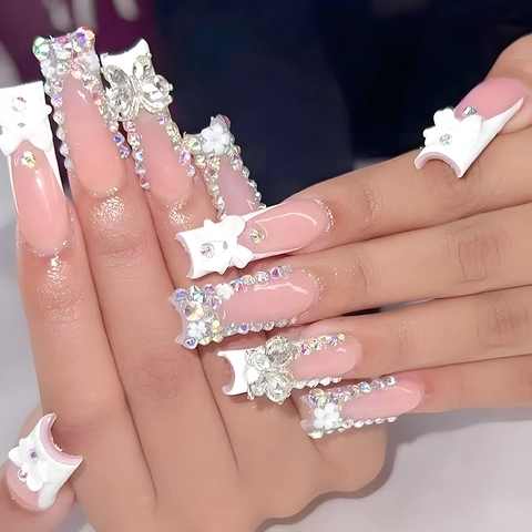French Press On Nails Lange Coffin Vorm 3D Strik Strass Luxe Afneembare Kunstnagels Voor Dames