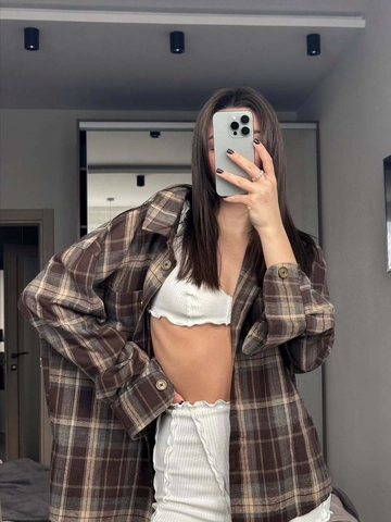 Damen Kariertes Langarmhemd Baumwollmischung Übergroß Geknöpft Retro Lässig Lockere Bluse Mit Tasche