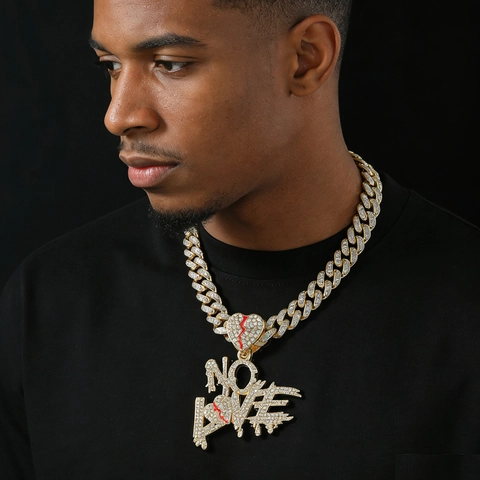 Collier Pendentif Cœur Brisé Lettre No Love Hiphop en Alliage avec Strass et Chaîne Cubaine Bijoux Streetwear Cadeau