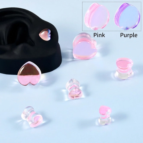 Heart Shaped Glass Ear Gauges Plugs Iridescent Pink Purple Smooth Saddle Stretching Body Jewelry Piercing Accessory