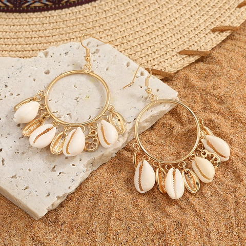 Boho Große Creolen Mit Natürlichen Muschelanhängern Legierung Edelstahl Ohrstecker Sommer Strand Schmuck