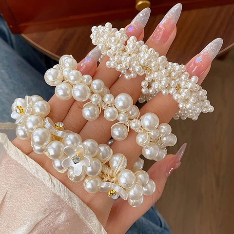Elegant Imitation Artificial Pearl Hair Ties For Women Flower Crystal Elastic Hair Bands Bracelet Dual Use Floral Headwear Accessory