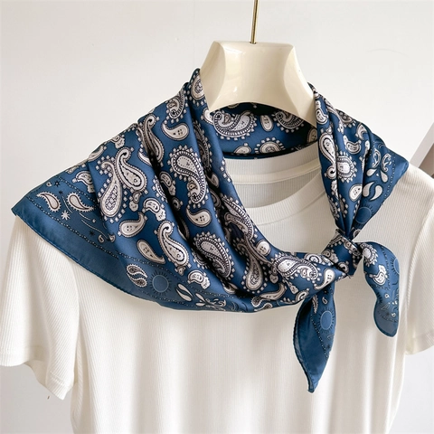 Paisley Print Square Scarf Imitation Satin Feel Sun Protection Lightweight Neck Head Scarf For Women Office Elegance