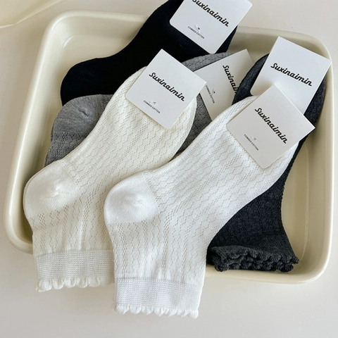 Women Combed Cotton Crew Socks With Ruffle Edge Hollow Out Mesh Breathable Ballet JK Style Soft