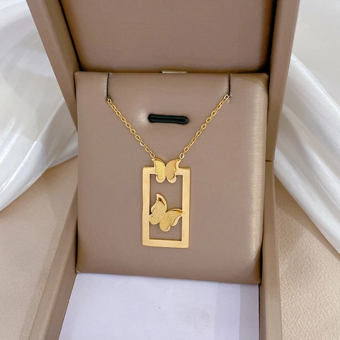 Butterfly Pendant Necklace Titanium Steel Rectangular Frame Frosted Double Butterfly Clavicle Chain Minimalist For Women