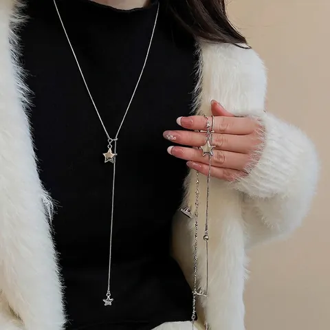 Collar Con Colgante De Estrella De Cobre Cadena Larga Para Suéter Forma Y Borla Joyería Minimalista Elegante Mujer