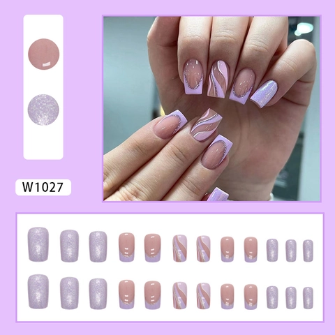 Square Press On Nails Pink Lila Welle Glitzer Französischer Stil Elegante Falsche Nägel Für Frauen